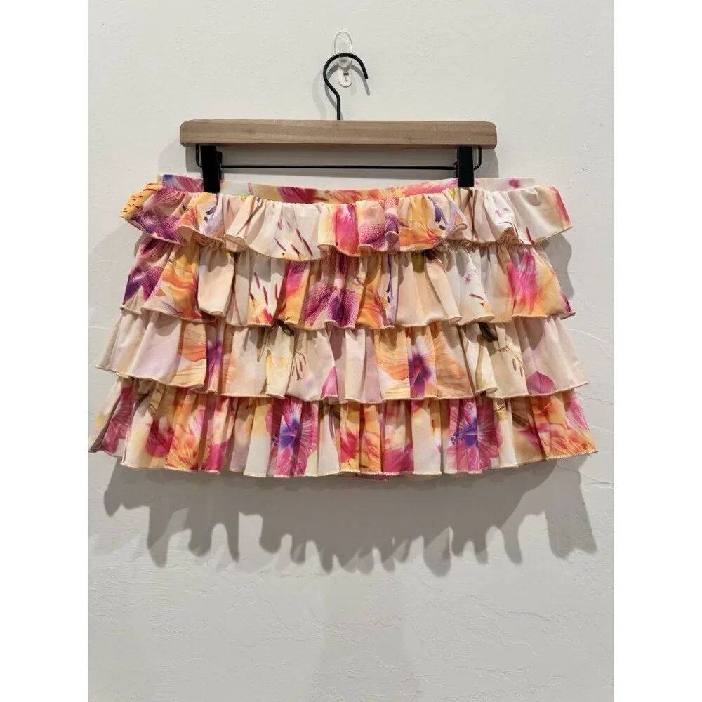 Out From Under Skirt Womens L Pink Floral Ruffle Tiered Mini Urban Outfitters